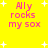 Yellow background with pink text reading 'Aliy rocks my sox' and white star shapes scattered across the image.