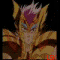Animated sequence of a golden-armored character with purple hair performing dynamic poses and energy effects against black background.