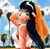 Two figures in a close embrace under a blue sky with white clouds, one figure with long dark hair and dark clothing, the other with light skin and light clothing.