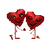 Two red heart-shaped figures with stick limbs stand side-by-side, holding hands, with changing eye expressions across frames.