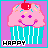 Pixelated cupcake with pink frosting, red cherry, and sprinkles on purple background; text changes from HAPPY to BIRTHDAY to TO ME!!