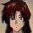 Pixelated anime-style portrait of a character with long dark hair and bangs, neutral expression, light skin, and a blurred background.