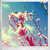 Pixelated image of pink and red flowers with green stems against a blue sky background, featuring soft pastel clouds and a light yellow lower section.