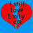 Red heart split vertically with blue background, black text "I still love Emily <3" overlaid on both halves.