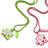 Two pixelated pendants on chains, one green with multicolored gem-like pixels and one pink with similar gem details against a white background.