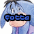 Pixelated blue cartoon character with long ears and purple clothing, showing three distinct text overlays