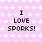 Pixelated text "I LOVE SPORKS!" repeated across a pink background with white stars, displayed in multiple and