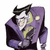 Pixelated cartoon character in purple suit with green hair, yellow shirt, and black tie, arms crossed, head tilted left, smiling with visible teeth.