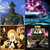 Four pixelated panels show distinct scenes: a dark tower against blue sky, purple and white clouds over water, a golden figure on brown ground, and a green vehicle with yellow accents.