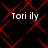 Black background with red geometric lattice pattern and four instances of white text reading 'Tori ily' in a