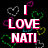Pixelated graphic with bold pink text "I LOVE NATI" surrounded by multicolored heart outlines on a black background.