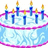 Pixelated birthday cake with blue candles on a light blue base, next to a blue with white text reading HAPPY B-DAY KATIE!!!