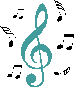 Teal treble clefs and black musical notes on a light gray background, arranged in repeating vertical with subtle variations