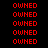 Red pixelated text 'OWNED' repeated six times vertically on a black background with cyan gradient halos, animated to shift position.