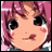 Pixelated anime-style character with pink hair and large black eyes, next to stylized text on a black background.