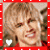 A pixelated image of a person with light brown hair and red lips, framed by a red border with white dots.