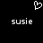 Pixelated white heart symbol above two identical 'susie' text labels on black background.