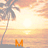 Animated sequence showing a tropical sunset with palm trees and ocean, where orange text progressively spells 'Monica' over the scene.