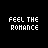 A static contact sheet of 18 pixel-art style text icons arranged in a 5x4 grid on black background with one gray cell, each displaying "MY [adjective] ROMANCE" in white blocky font.