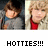 A pixelated animation of a person with brown and blonde hair alternating between gray and red shirts, with text reading HOTTIES!!! below.