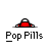 Animated contact sheet of a pixel art character in red and white, cycling through various poses with text "Pop Pills." below each frame on gray background.