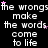 Black background with repeated white text 'the wrongs make the words come to life' and scattered pink stars, one gray square in bottom-right corner.