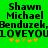 Green background with black text reading "Shawn Michael Benduzek, LOVEYOU" and orange plus signs below.