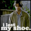 showing a person in a green jacket with text 'i lost my shoe.' overlaid, where the rightmost frame shows a blue shoe floating near the person's head