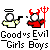 Pixel art of two cartoon figures: an angel with a halo and wings on the left, and a devil with horns and a trident on the right, below text reading "Good vs Evil Girls Boys".