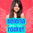 A woman with long dark hair in a teal sleeveless dress stands against a red patterned background, with text overlay changing between frames.