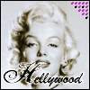 Black-and-white portrait of a woman with styled blonde hair, wearing 'Hollywood' text overlay and pink pixelated corner accents.