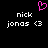 Pixelated icon with black background, white text 'nick jonas <3', and pink heart symbol above text.