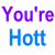 Animated text-based icon with purple and blue lettering on white background, displaying phrases like "You're I'm We're" and "Hott single perfect" in varying combinations.