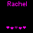 Pixelated pink text 'Rachel' above two of pink and purple heart icons on black background