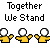 Pixel art of yellow figures with white heads in various poses against a gray background, accompanied by text phrases.