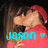 Two people in red clothing kiss under a red cap, with cyan text labels and a heart symbol visible across four