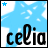 Pixelated blue sky background with white clouds, black text 'celia' at bottom, and a small blue plus symbol in top-left corner.