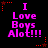Pixelated text reads 'I Love Boys A lot!!!' in bright pink on black, surrounded by red star-shaped borders with dotted lines. The image repeats three times horizontally and vertically.