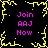 Pixelated graphic with yellow border and central starburst on black background, repeated text "Join AAJ Now" in pink.
