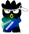 A cartoon character with black spiky hair, white eyes, and a yellow beak-like mouth holds two glowing blue-green lightsabers in various poses against a gray background.