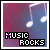 Pixelated icon with musical notes and 'MUSIC ROCKS' text on a gradient background, showing animation changes in text color.