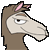 Pixelated horse head with brown mane, light gray face, and pink inner ear, set against solid gray background.