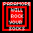 Four identical red and black pixelated squares with white text reading "PARAMORE WILL ROCK YOUR SOCKS" arranged in a