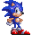 Six pixel-art Sonic the Hedgehog poses on gray background, blue spines with white highlights, red shoes with silver accents, brown muzzle and arms.