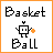 Pixelated black text 'Basket' above a square robot with orange ball, and 'Ball' below on white background.