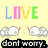 A yellow background displays the word "LOVE" in blue, pink, yellow, and green letters above four white cloud icons with small red hearts. Below them are black text boxes containing phrases.