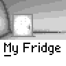Animated contact sheet of a pixel art character interacting with a refrigerator in various poses and speech bubbles, displayed on a gray background.