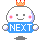 Pixelated character with white rounded head, pink cheeks, black square eyes, orange crown, blue banner reading NEXT, and gray cloud-like shadow.