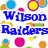Pixelated image with 'Wilson Raiders' text in blue and yellow, surrounded by colorful circular and fruit-shaped icons.