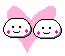 Animated contact sheet of 18 pixel art frames showing two white cloud-like characters with pink cheeks and a pink heart background, displaying various expressions and interactions including smiling, blushing, kissing gestures, and red hearts.